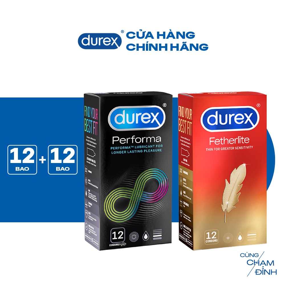 Bộ 1 hộp bao cao su Durex Performa kéo dài thời gian 52mm+ 1 hộp bao cao Durex Fetherlite siêu mỏng 52.5mm, 12 bao/hộp