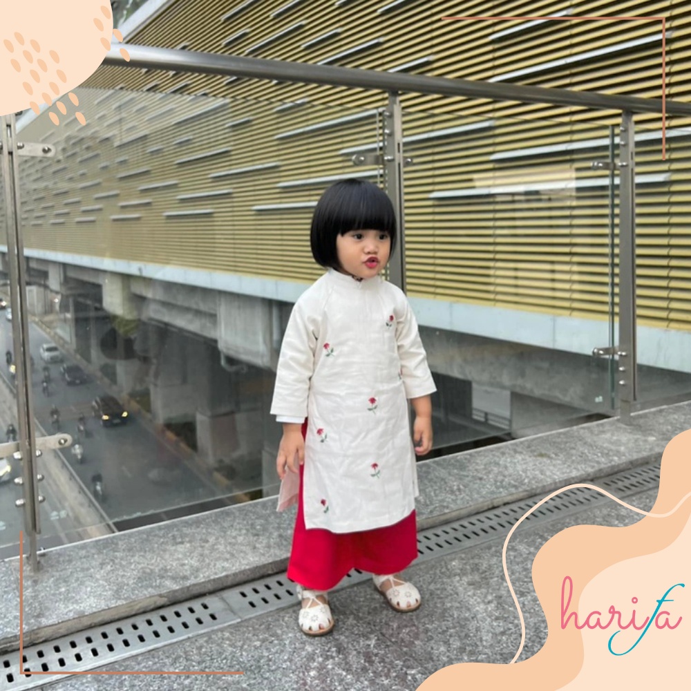 BADT010 Áo dài bé gái - chất liệu linen thêu tay - hoa tiết hoa lác đác - 1-6 tuổi