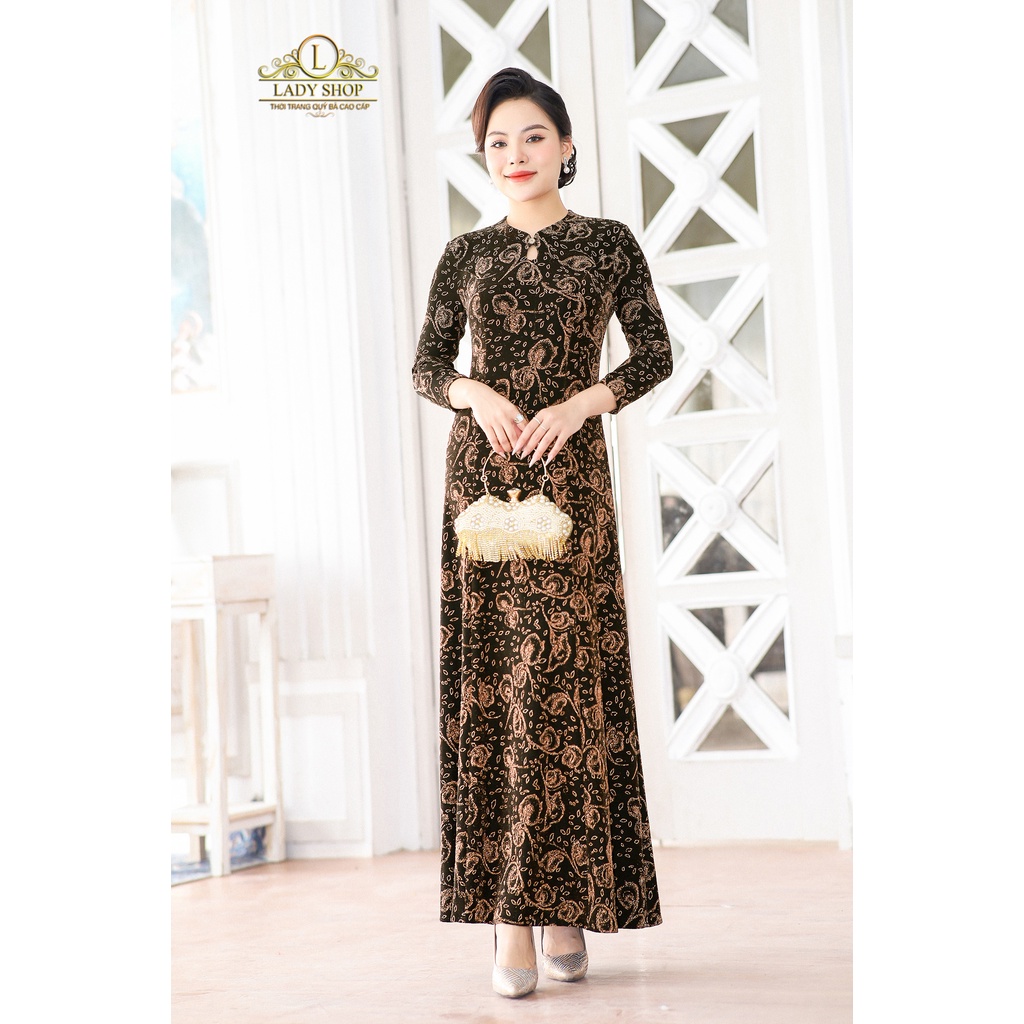 Đầm Maxi lá thun nhũ cổ tàu giọt lệ Ladyshop thời trang trung niên cao cấp T49