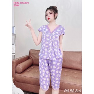 Đồ bộ lụa xước lửng phối ren nữ tính f620 - đồ bộ suli