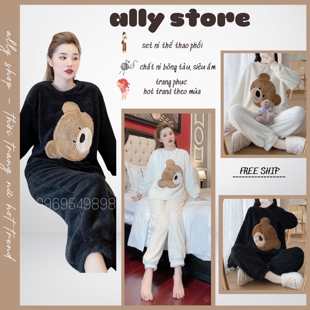Set Lông Dài Tay Hình Gấu ALLY Hot Trend 2022, set ngủ nam nữ chất lông mềm min,dày dặn