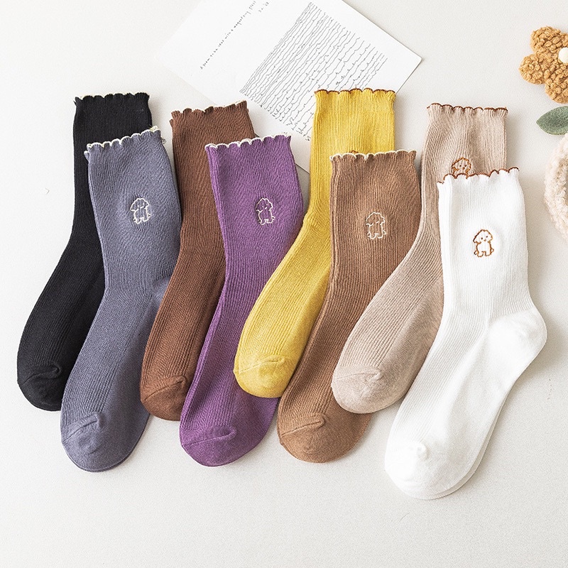 Tất nhún cổ cao nữ phong cách Hàn Quốc vớ Lolita đẹp in hình chú cún dễ thương chất cotton co giãn thấm hút HANASO TD032