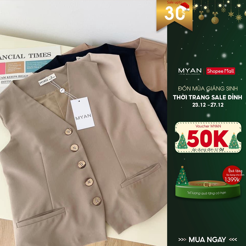 Áo Ghile Nữ Cổ Tim MYAN Thiết Kế Áo Vest Phong Cách Công Sở 5 Khuy Gỗ, 2 Túi Màu Basic Be, Nâu, Đen, Kem AVN102201
