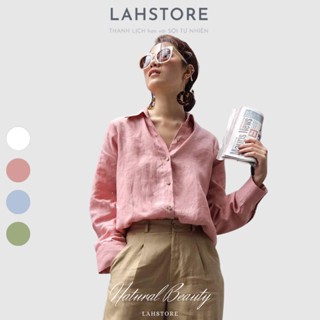 Áo sơ mi nữ dài tay form rộng vải linen đính cúc gỗ, phong cách công sở dạo phố LAHSTORE AL02 (Hồng Da)