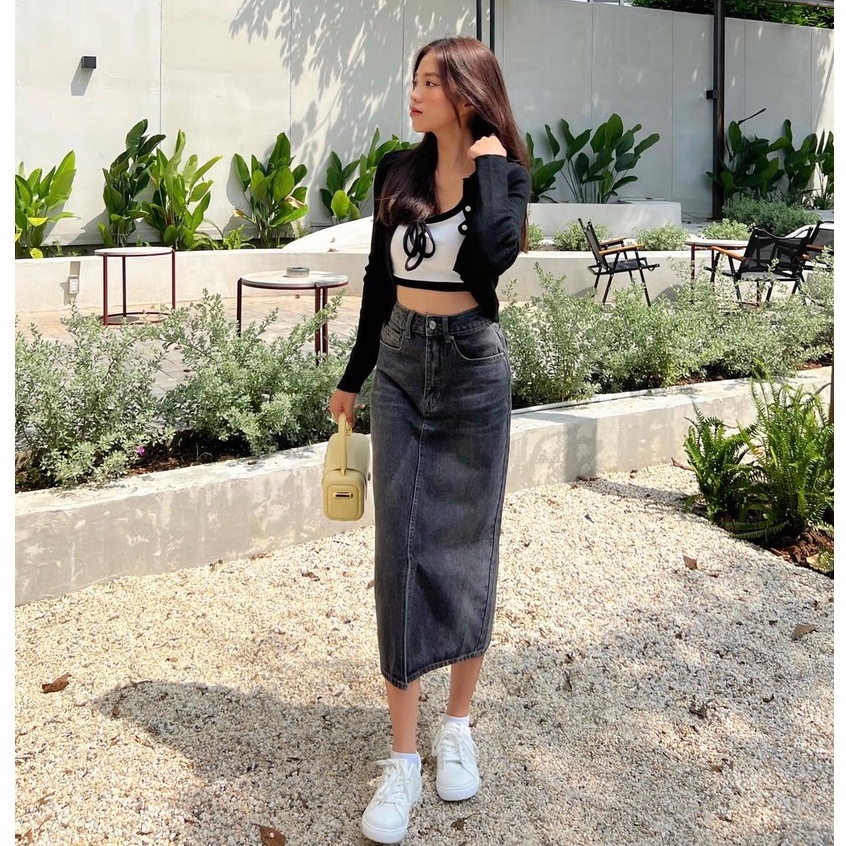 Chân váy jeans HEYBEE xẻ tà giữa  - MIDI JEANS SKIRT HJ1355