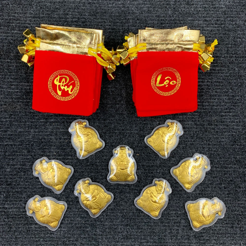 Combo 10 Thỏi Vía Ông Thần Tài Mạ Vàng Kèm Túi Gấm Phúc, Lộc