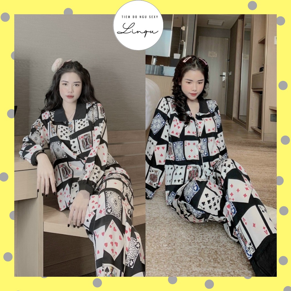 Đồ Bộ Pijama Lá Bài, Đồ Bộ Pijama Nữ Dài Tay Chất Mềm Mịn Mặc Tết siêu hot Freesize - Linqu Sleepwear