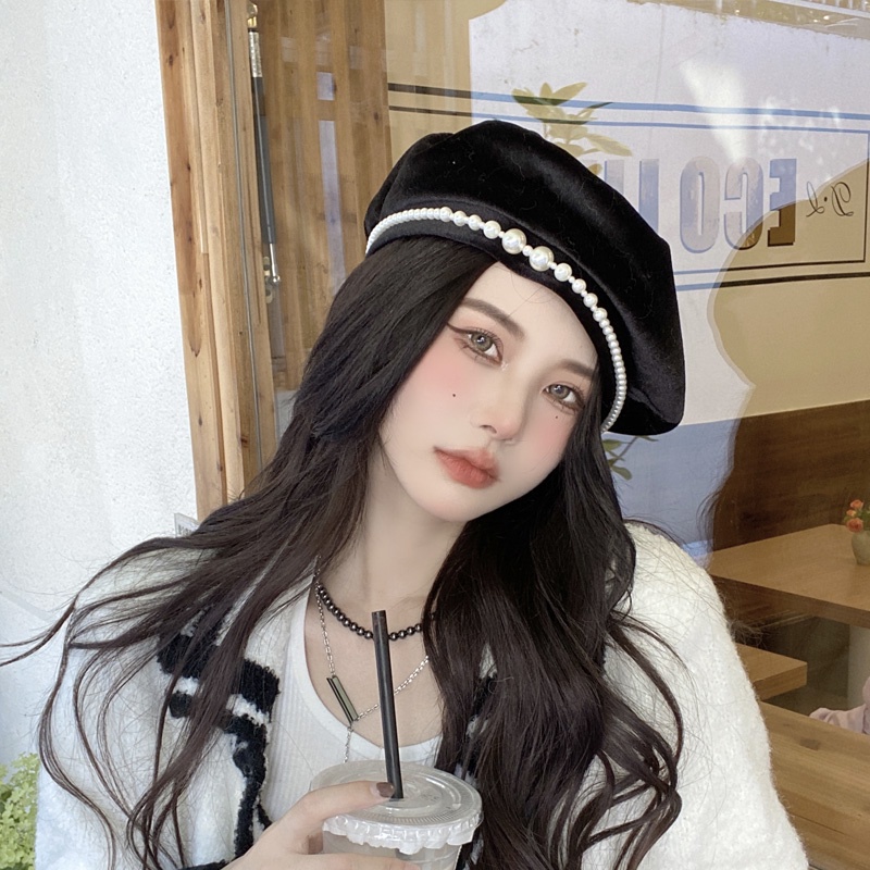 Mũ beret vải nhung màu đen thời trang thu đông cho nữ tùy chọn kiểu dáng JP5