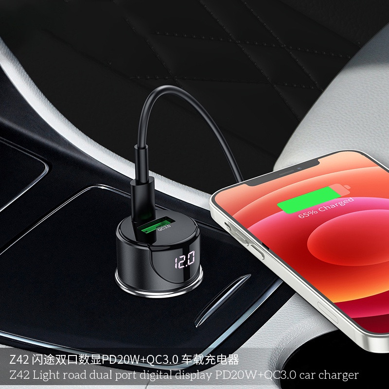 Tẩu sạc nhanh oto Hoco Z42 - Hỗ trợ sạc nhanh 20W - QC 3.0 - Có màn hình Led hiển thị dòng điện - Educase86