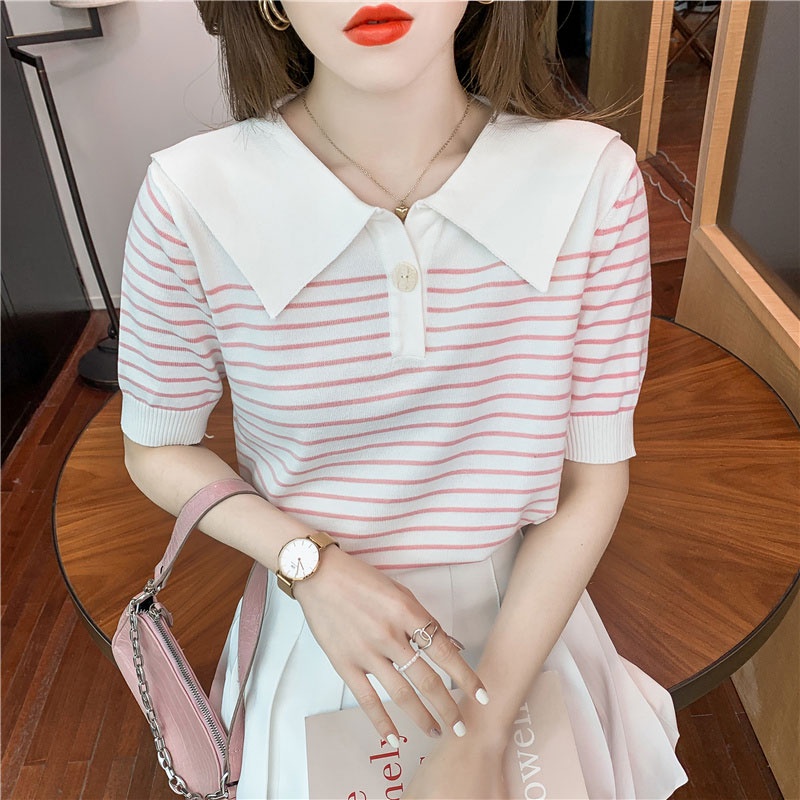 Áo Thun Dệt Kim Tay Ngắn Dáng Ôm Họa Tiết Kẻ Sọc Thời Trang Hàn Quốc Cho Nữ