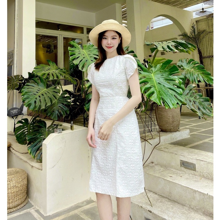 Đầm công sở đẹp hoa xinh thanh lịch thiết kế chữ a tay ngắn đi làm đi tiệc eo tôn dáng che bụng – Thời trang Lux W