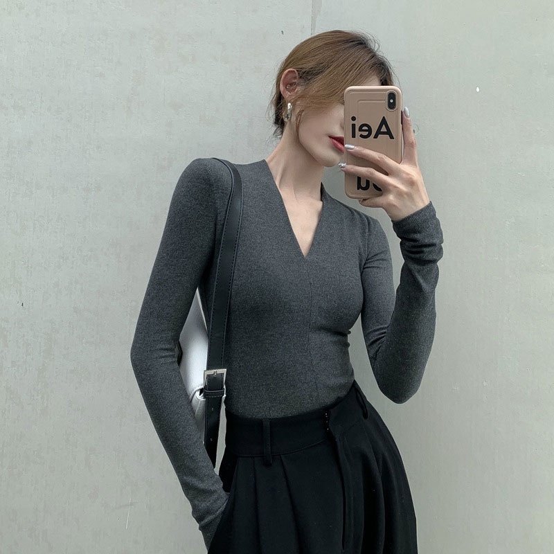 Áo thun XINLANYASHE tay dài cổ chữ V thời trang quyến rũ cho nữ