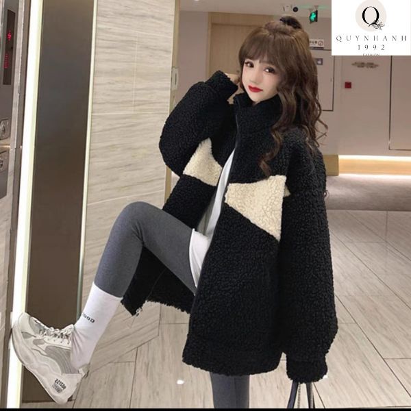 Áo khoác lông cổ cao LOGO gấu kèm túi, Áo lông nam nữ From rộng màu Đen Trắng Ullzang áo cặp đôi hotren 2022