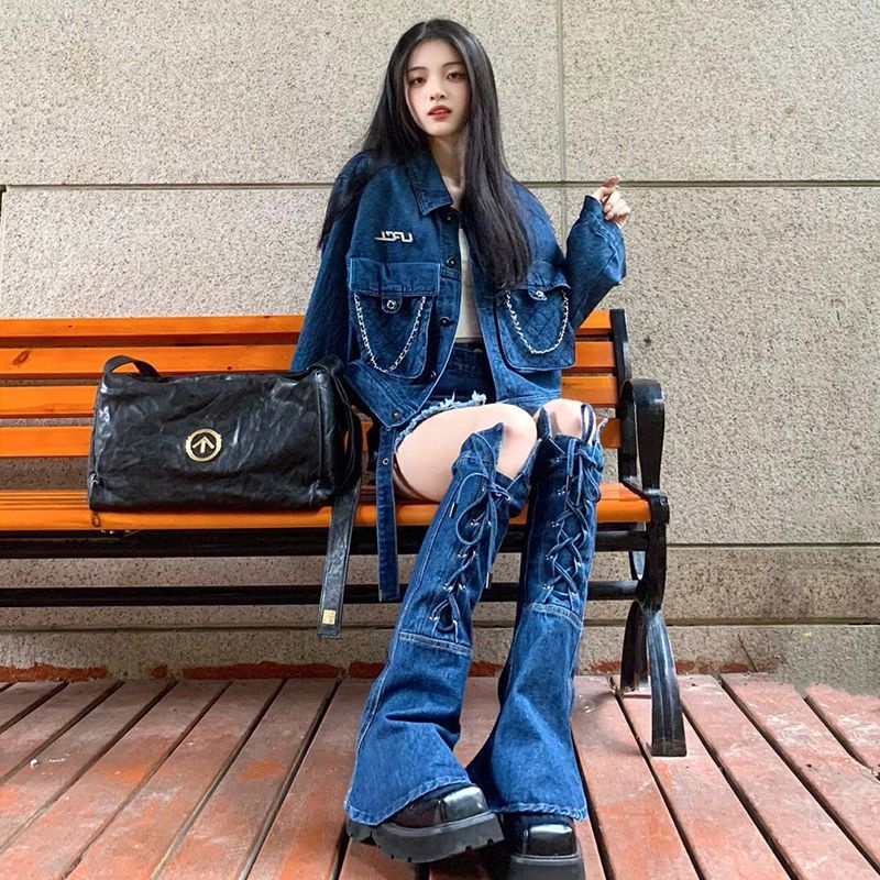 Set Áo Khoác Denim + Quần Short Thời Trang Mùa Thu 2022 Phong Cách Đường Phố Mới Cho Nữ