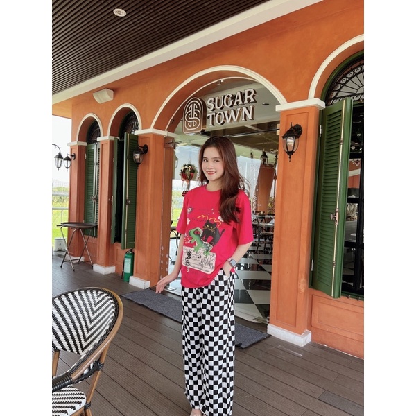 Set áo hồng hoạt hình đáng yêu quần suông gân caro