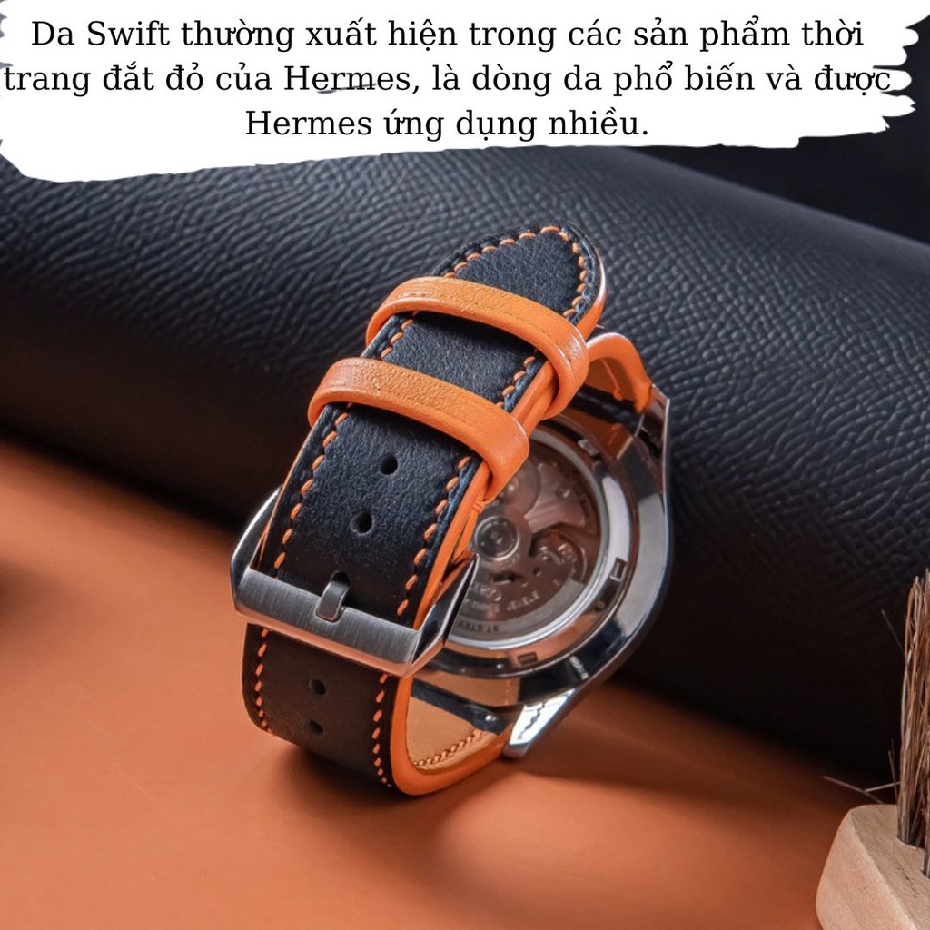 Dây da thủ công Swift Đen phối Cam tương thích với Apple Watch, cơ, pin size 18MM,19MM,20MM,21MM,22MM,24MM