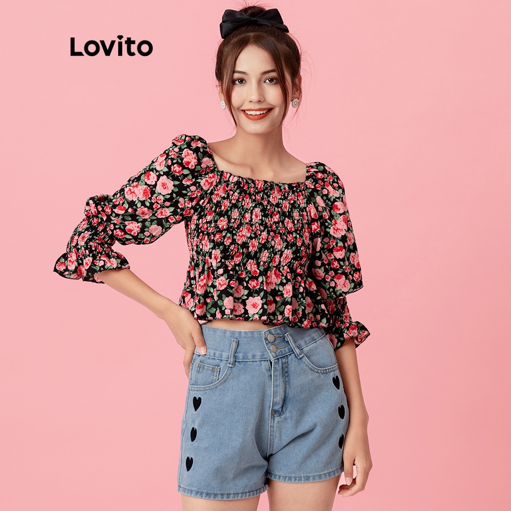 Áo Kiểu Lovito Tay Phồng In Họa Tiết Hoa Xếp Nếp Xinh Xắn L05019 (Màu Đen)