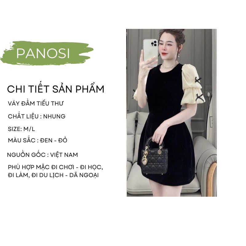 Váy nhung tiểu thư tay bồng phối nơ dáng xòe xinh xắn nhẹ nhàng PANOSI - V180