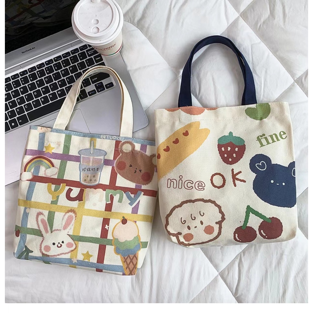 Túi Xách Vải Canvas Cỡ Nhỏ In Hoạt Hình Gấu Đáng Yêu