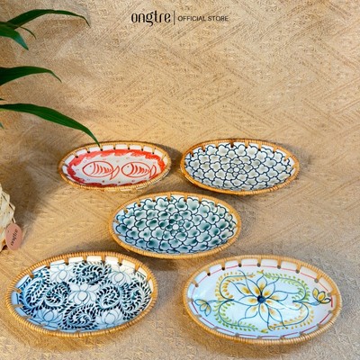 Đĩa sứ viền mây tre đan tay ONGTRE trang trí tiệc, decor, đựng đồ, mẫu độc đáo - OTS1 (mẫu ngẫu nhiên)