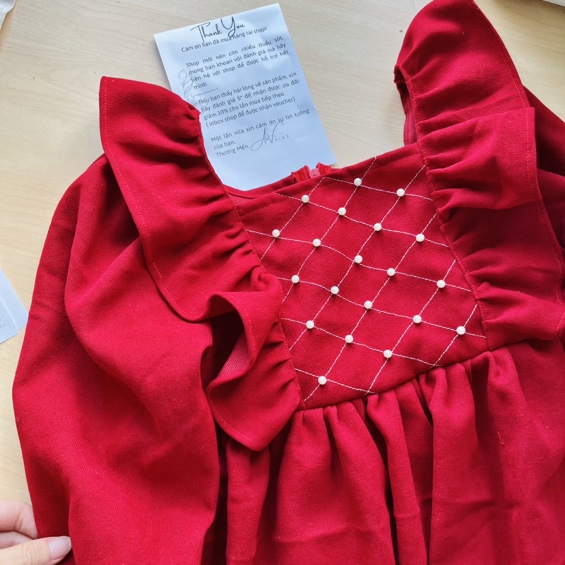 Váy/ đầm bé gái nhung tăm màu đỏ tay dài Phối cánh tiên đi học đi chơi Noel Lễ Tết Giáng Sinh