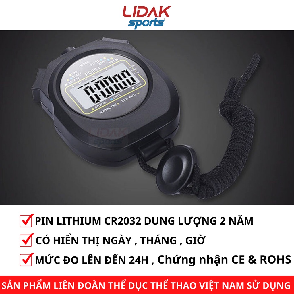 Đồng hồ bấm giây, đo thời gian chính hãng PC894. Bấm giờ thể thao nhớ 1LAP LIDAK SPORT