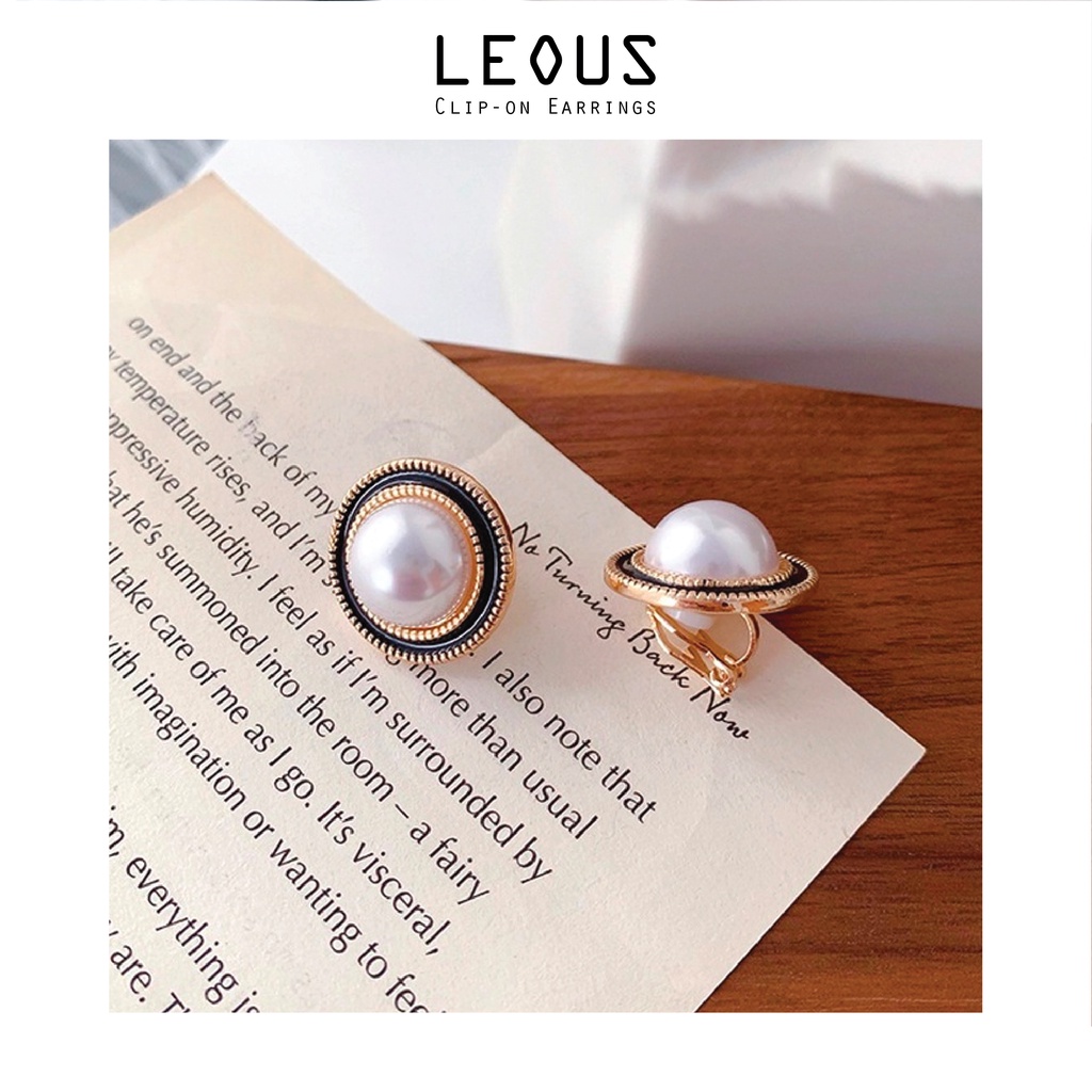 Khuyên tai kẹp không bấm lỗ chốt cố định K197 bằng hợp kim mạ vàng hình tròn hạt trai bigsize dáng ngắn Leous