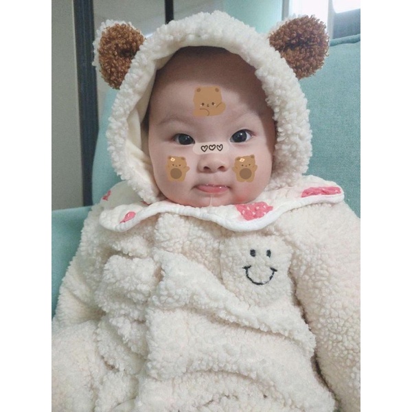 Bộ liền thân ủ lông cừu mũ tai gấu ấm áp cute cho bé trai bé gái_Hàng QCCC