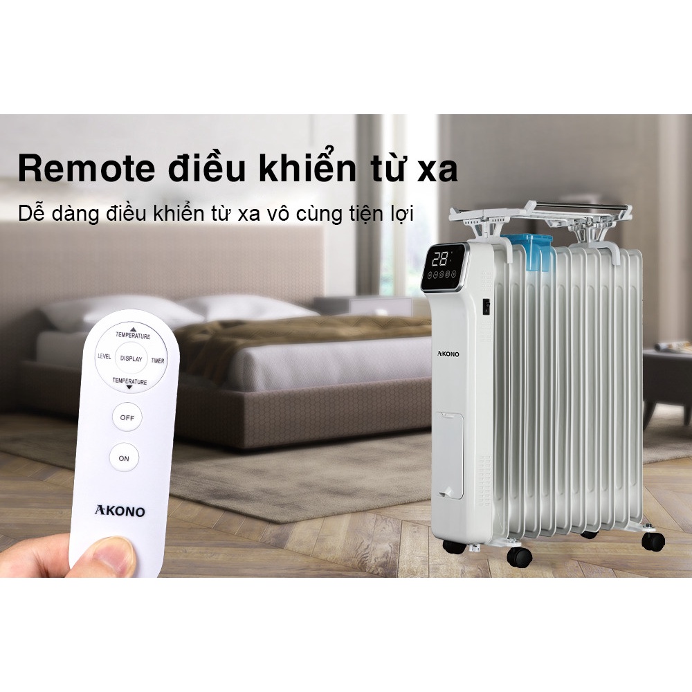 Máy sưởi dầu thông minh Akono 11 thanh có giá phơi, hộp nước tạo ẩm và điều khiển từ xa, không khô da
