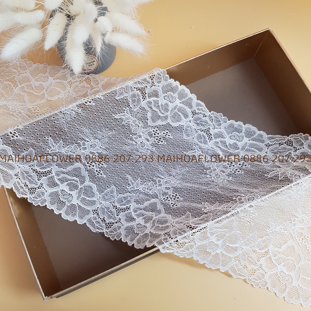 Cuộn vải REN trắng, bản to đại 23cm, xoay được 2 chiều, thêu hoa, dùng may váy áo, nội y siêu xinh
