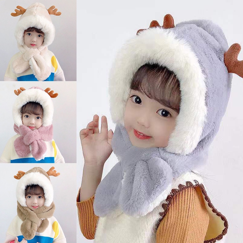 Mũ len cho bé gái bé trai chùm đầu kèm khăn dễ thương mùa đông cực ấm có hai sừng hươu