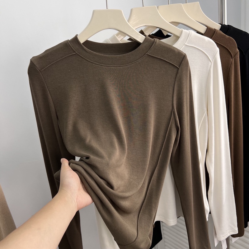 Áo Thun Sáp Mềm Tay Dài Cổ Tròn Màu Trơn Thời Trang Thu Đông Cho Nữ