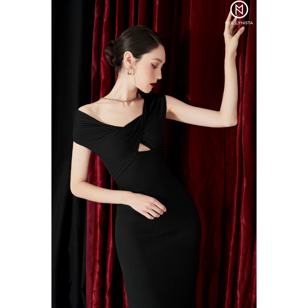 MOLLYNISTA - Đầm Jio thun len sọc gân kiểu xoắn thanh lịch nữ tính thiết kế cao cấp form ôm tôn dáng