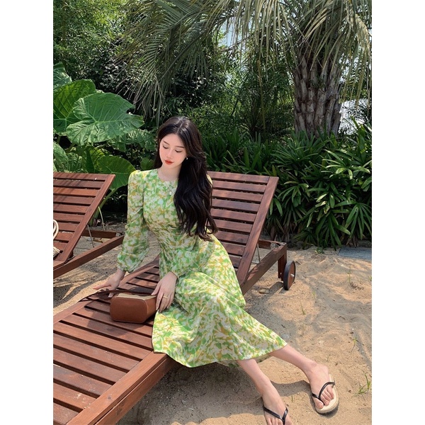 Đầm maxi hoa nhí tay phồng đi biển siêu xinh phong cách tiểu thư thời trang nữ hebe's MSP N3