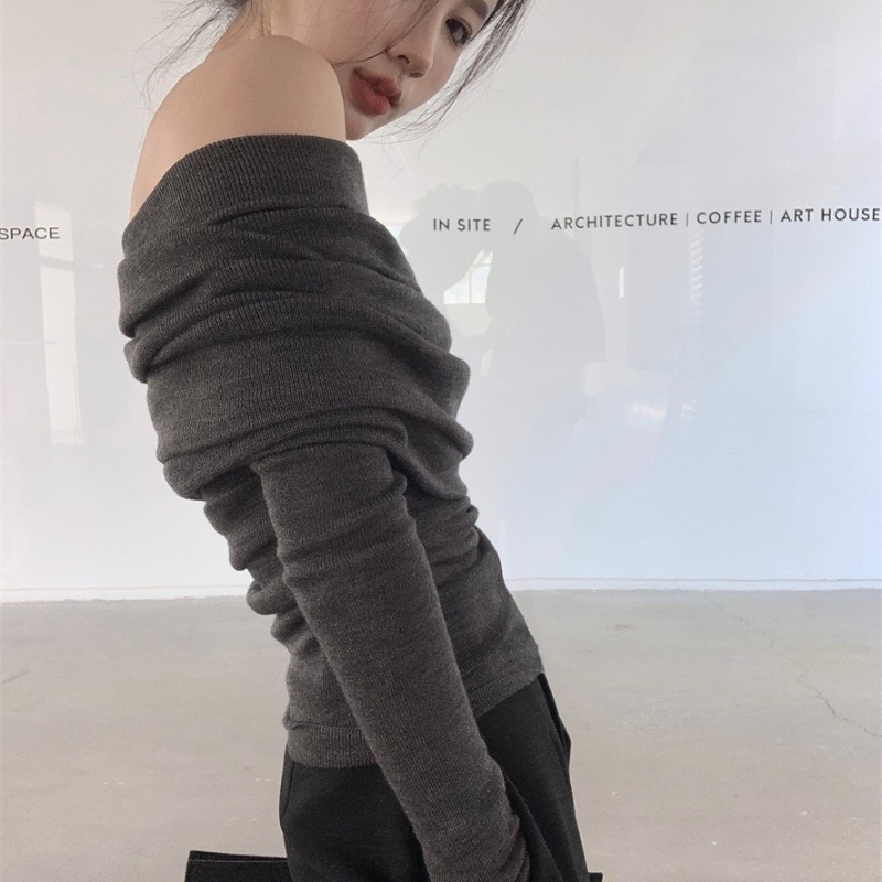 COZOK Áo kiểu COZOK dệt kim tay dài thiết kế trễ vai ôm dáng vừa vặn thời trang dành cho nữ