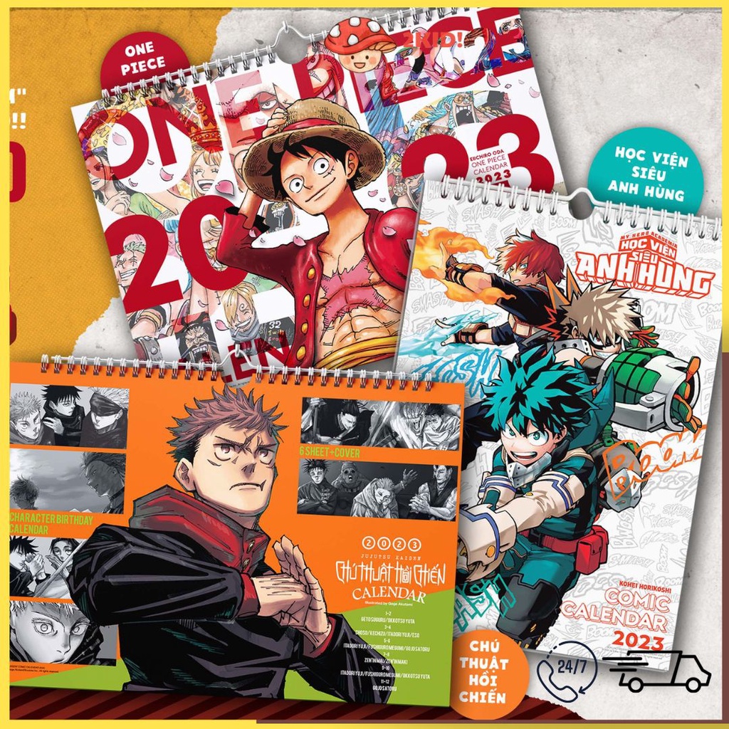 Lịch treo tường 2023 - CHÚ THUẬT HỒI CHIẾN - ONE PIECE - HỌC VIỆN SIÊU ANH HÙNG - NXB Kim Đồng