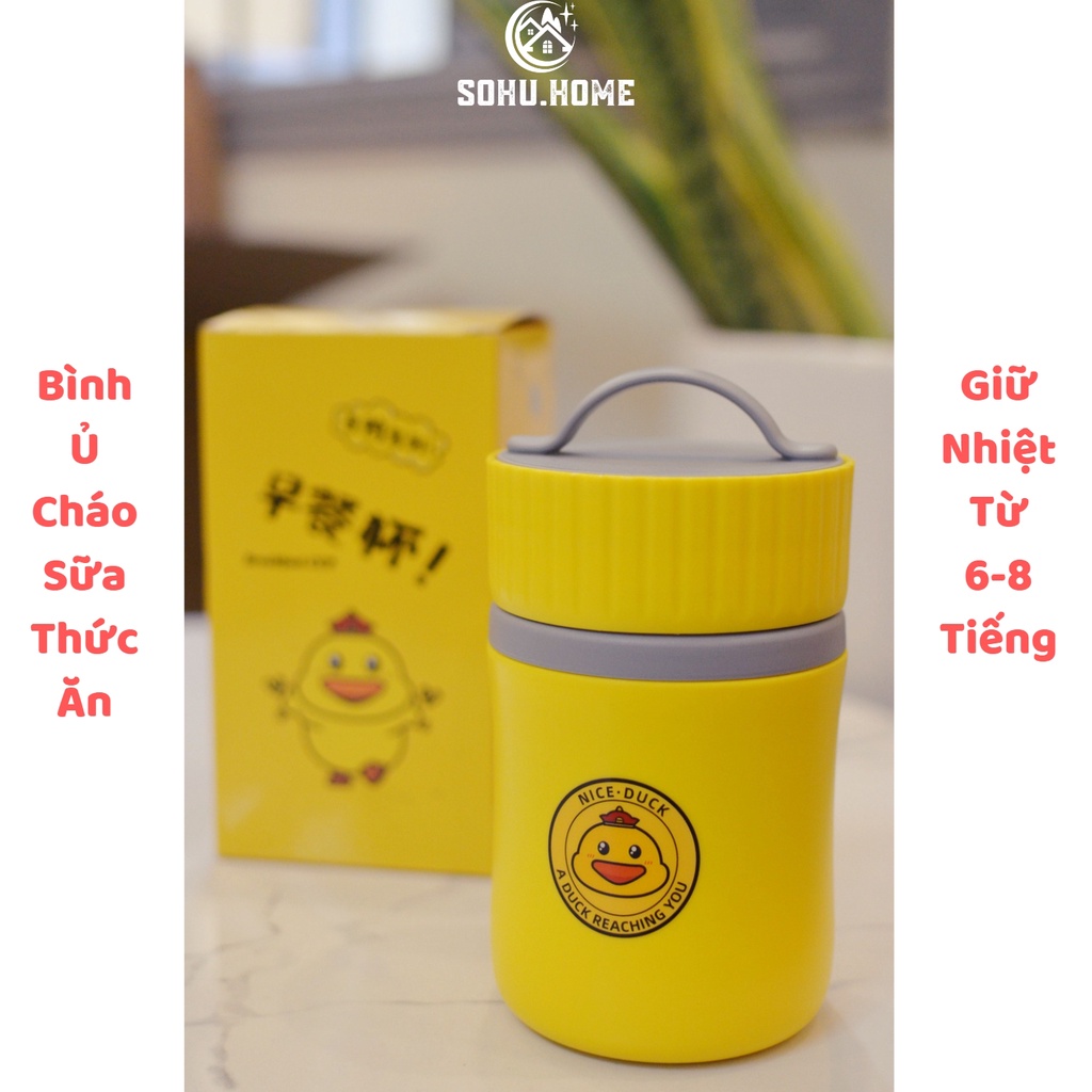 Hộp Đựng Cơm Văn Phòng Hình Vịt Vàng Sohu Ủ Cơm - Cháo - Canh Tặng Kèm Thìa Dung Tích 580ML