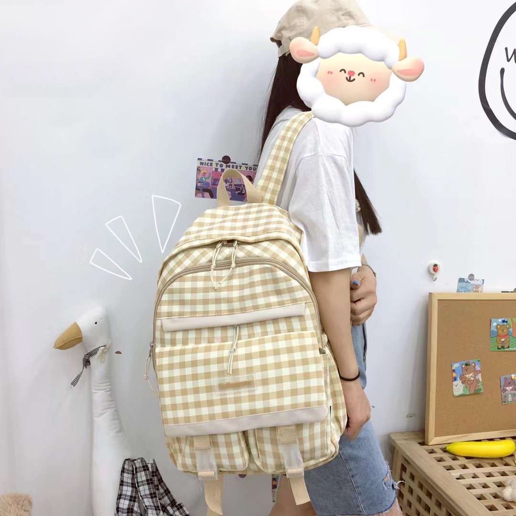 Balo caro nữ đi học vải dù mềm chống thấm nước đựng laptop màu pastel thời trang kẻ sọc đáng yêu giá rẻ P7503