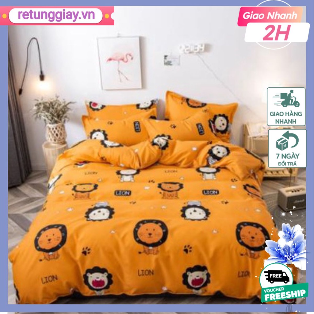 Bộ Ga Gối 3 Món Vải cotton poly bọc đệm dày tối đa 30cm,có chọn mẫu-MẪU SƯ TỬ VÀNG