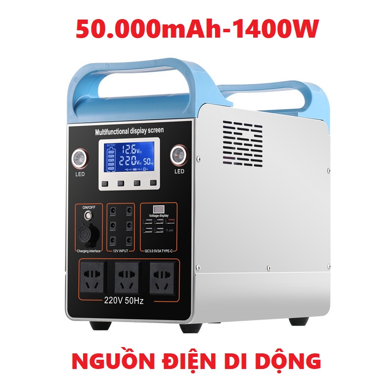 Nguồn điện Di Động Trạm sạc dự phòng - Máy phát điện di động 52.000mAh-Công Suất Đỉnh 1400W-Cổng điện 220V-1400W - 50.00