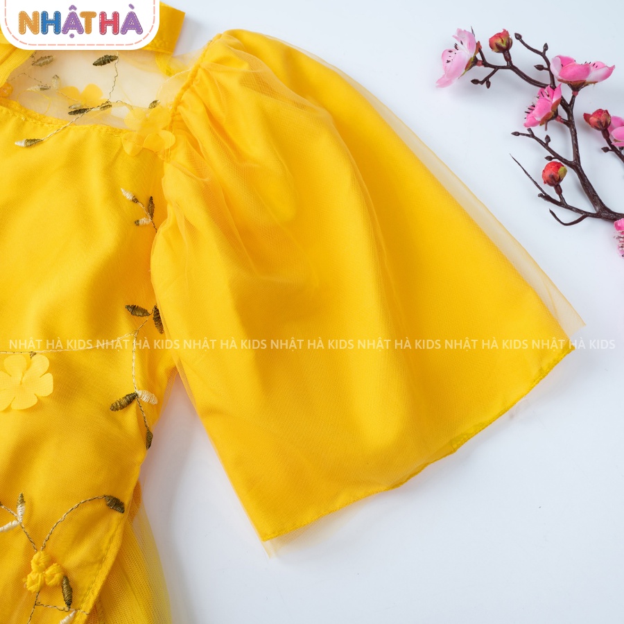 Áo dài cách tân cho bé gái HOA chất liệu lụa tơ óng mềm mại đính hoa thêu tay bồng siêu xinh size đại từ 11-45kg