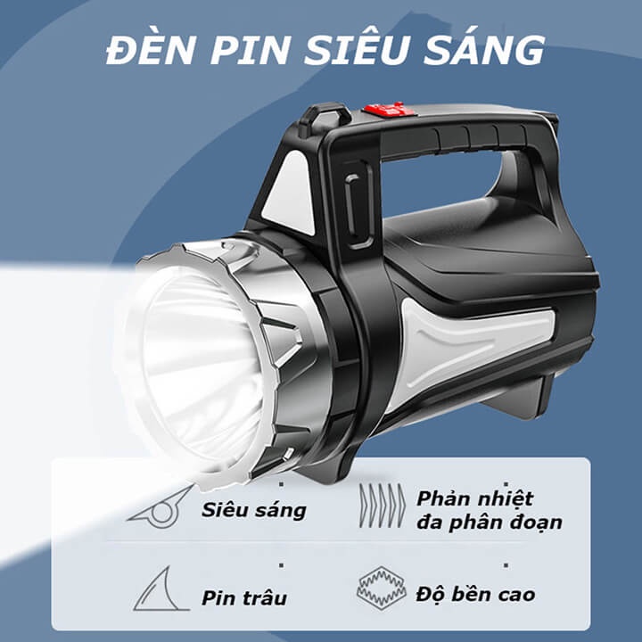 Đèn pin siêu sáng xách tay chiếu xa 300m, 4 chế độ sáng, đèn led cầm tay đa năng pin trâu có chớp báo hiệu