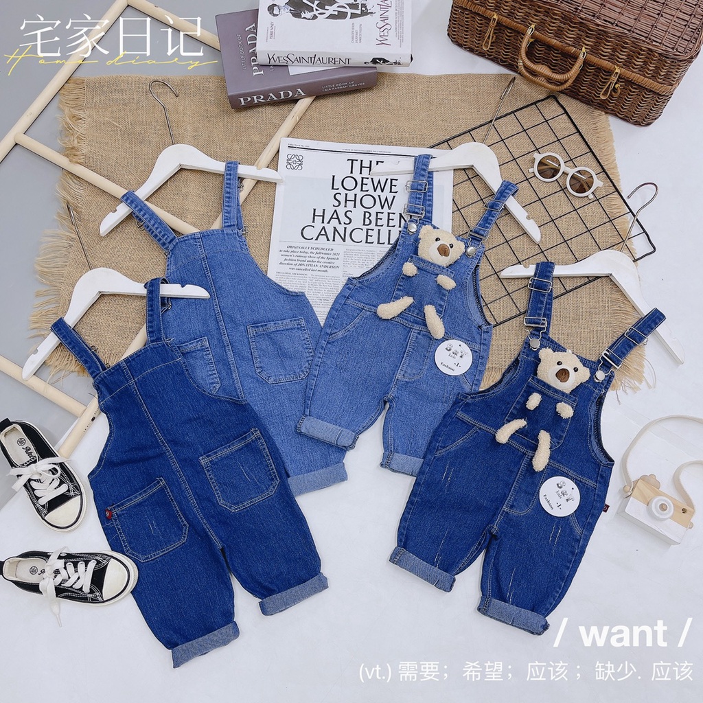 Yếm jeans dài kèm gấu siêu kute cho bé trai bé gái - YJKG