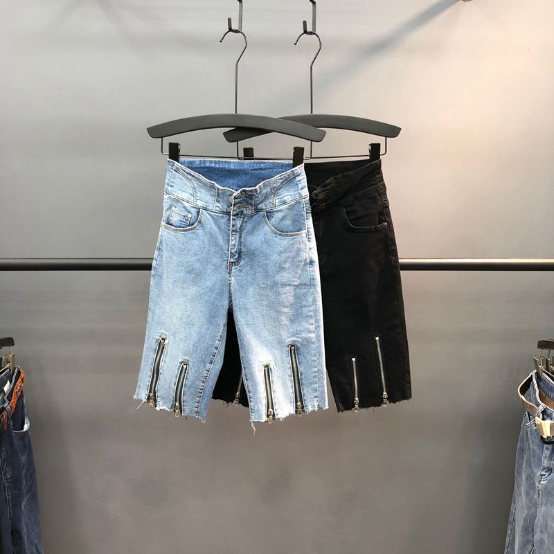 Jiashucheng Quần Denim Cạp Cao Ôm Dáng Co Giãn Phối Khóa Kéo Phong Cách Mới