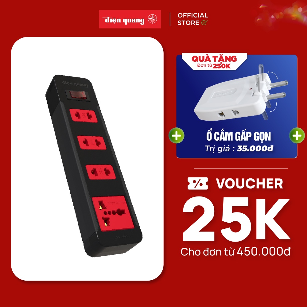 Ổ cắm Điện Quang ĐQ ESK 4BR (4 lỗ kết hợp, 1 công tắc an toàn, màu đen đỏ)