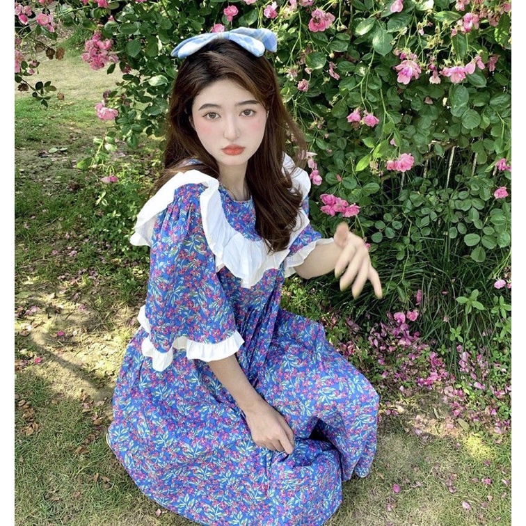 Váy Baby Doll Hoa Nhí Coban Xếp Bèo, Tiểu Thư Xinh Xắn