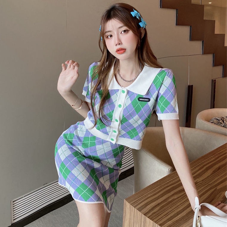 PunkyRabbit Phụ Nữ Mùa Hè Thanh Lịch Cổ Gập Kẻ Sọc Áo Thun Tay Ngắn Lưng Bodycon Váy Bộ
