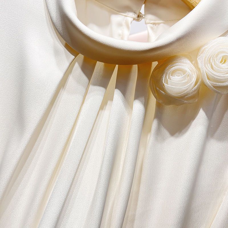 Áo Sơ Mi Lụa Chui Đầu Màu Trơn Dáng Ôm In Hoa Dễ Thương Cho Nữ