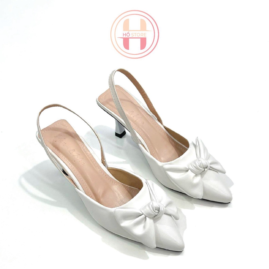 Sục cao gót bít mũi hậu vuông, giày cao gót gắn nơ cao 7cm trắng đen M39