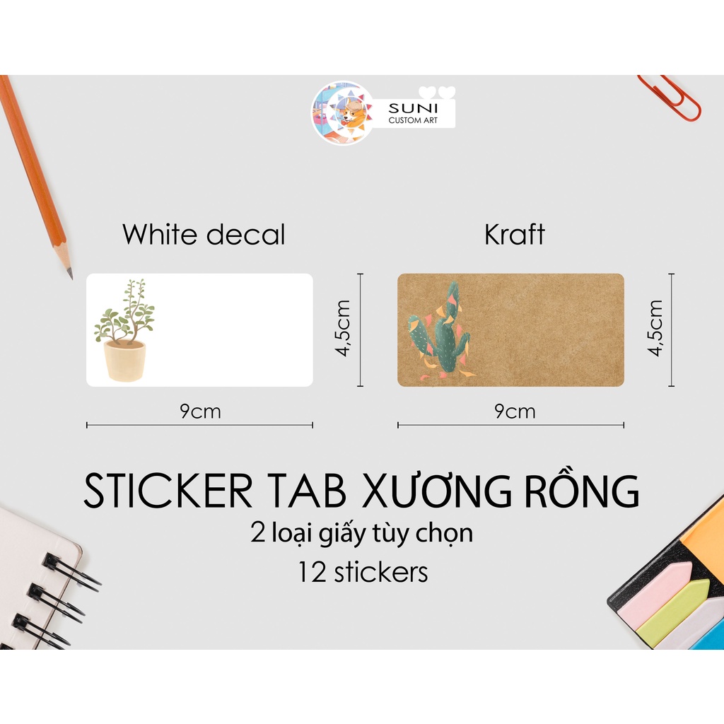 NHÃN, TEM, GIẤY DÁN GHI CHÚ - STICKER TAB XƯƠNG RỒNG - NHÃN DÁN XƯƠNG RỒNG - BỘ 12 STICKERS
